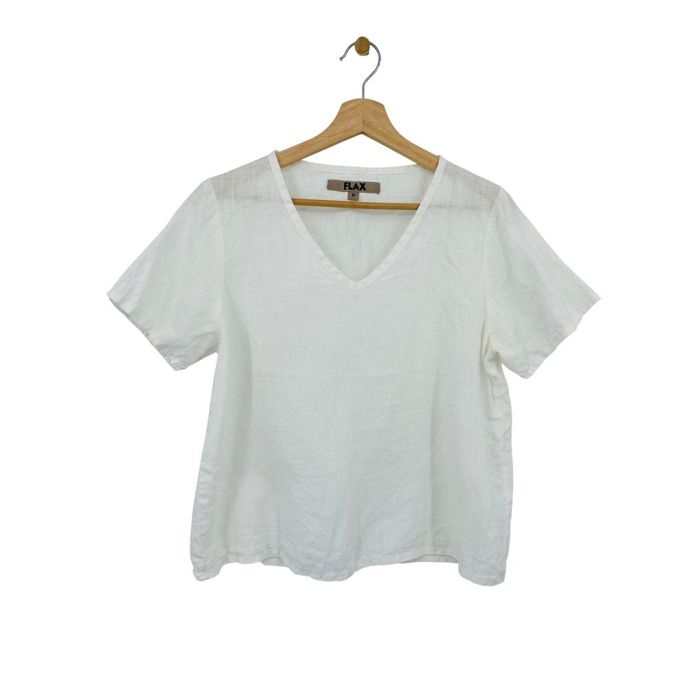 Flax Linen Top Women P White V-Neck Short Sleeve Blouse